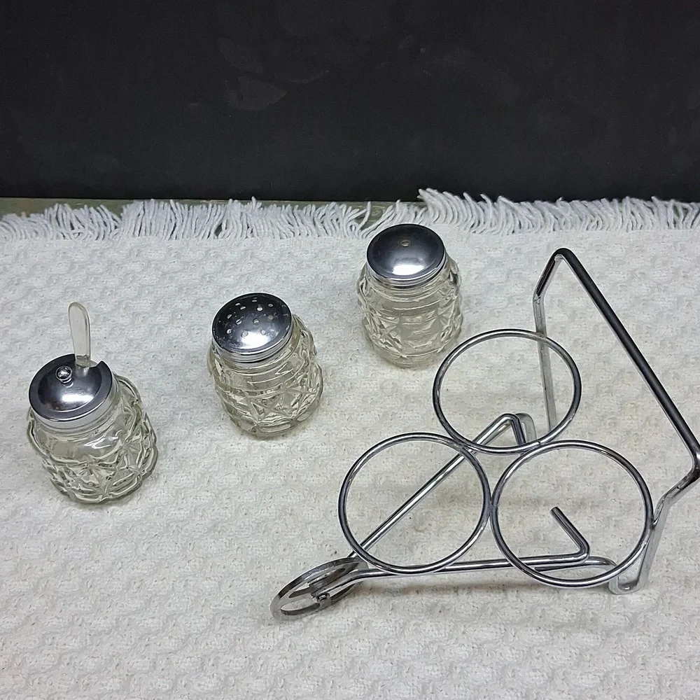 Vintage Anchor Hocking glass and metal wheelbarrow condiment‎ set